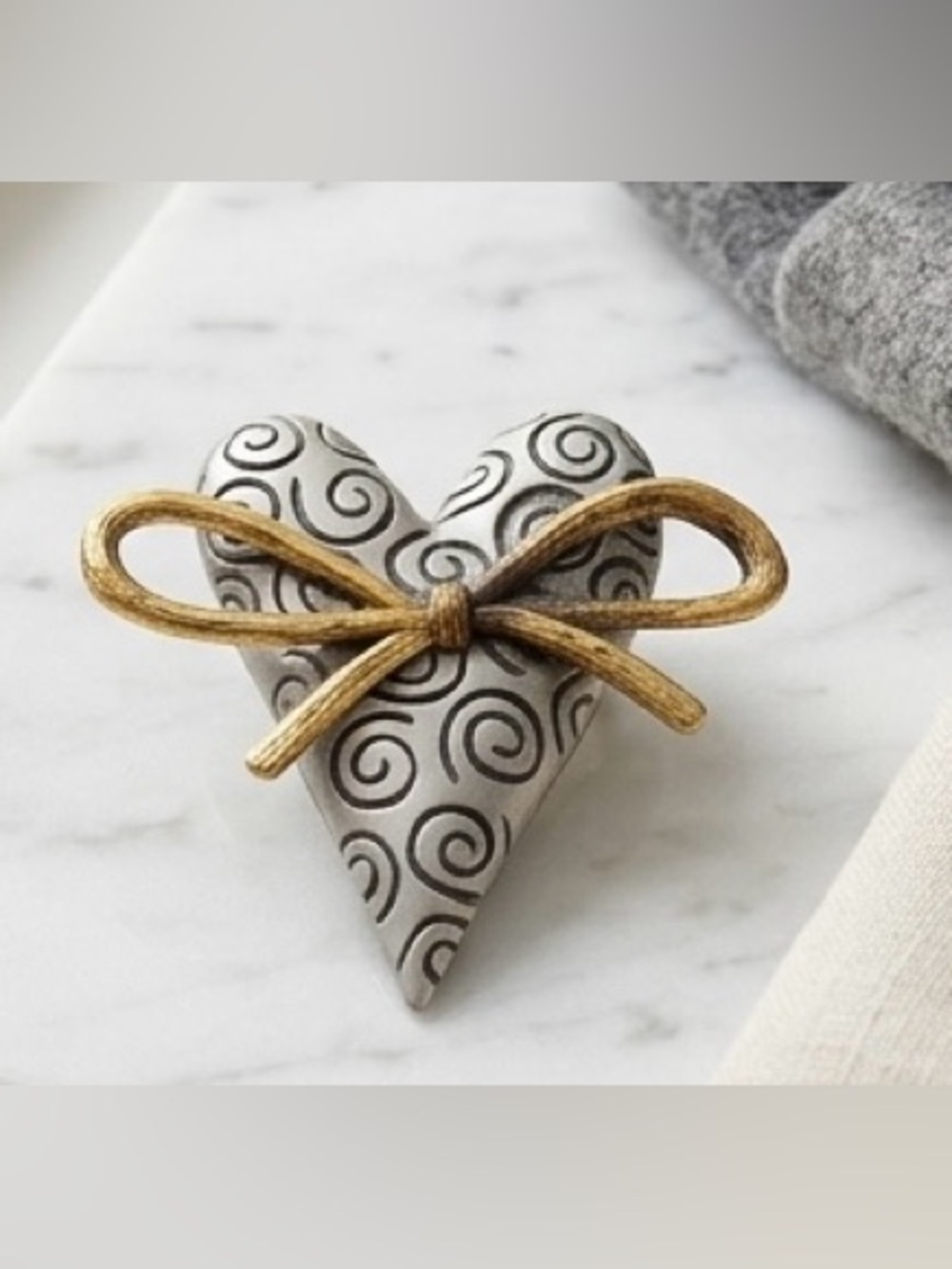 "Vintage JJ Jonette Pewter & Gold Tone Swirl Heart Bow Brooch Pin"